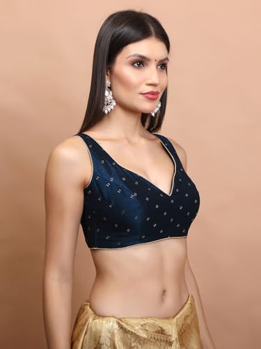 S SALWAR STUDIO Navy Blue Silk Sleeveless Readymade Blouse