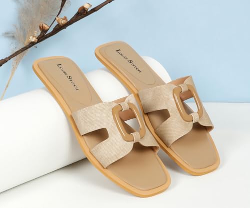 LOUIS STITCH Women’s Fashion Flat Slip On Sandals | Open Toe Beige Stylish Flat Slipper for Ladies, Comfortable All Day Wear Slipper (LSOF-LDSL-SQBBGD) (Size- 8 UK)