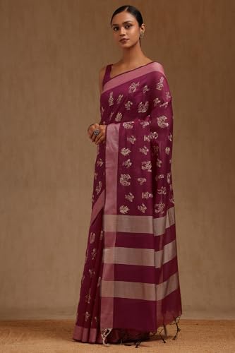 Soch Womens Wine Chanderi Warli Print Saree With Thread Work