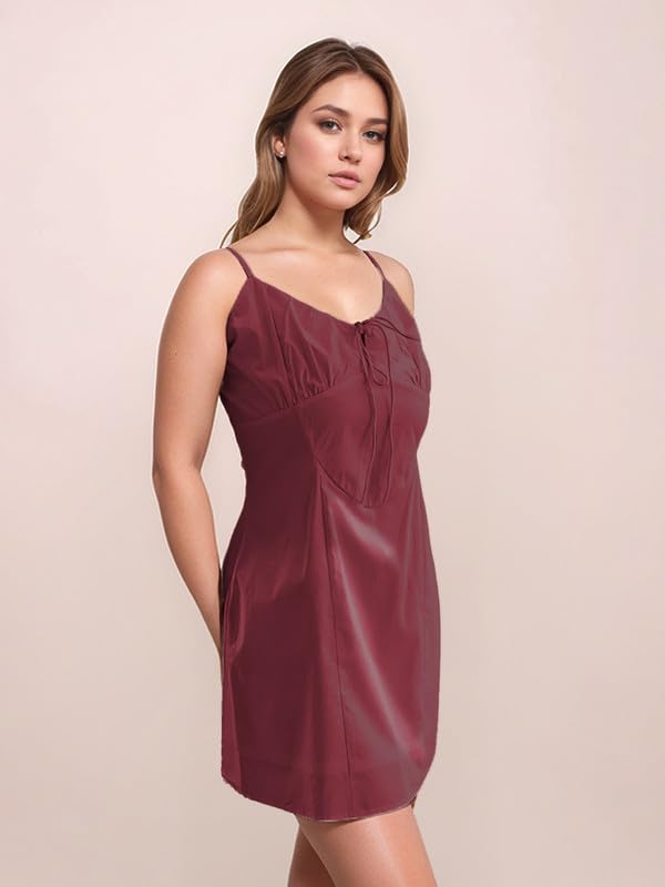 Zink London Maroon Plain Sleeveless Short Dress