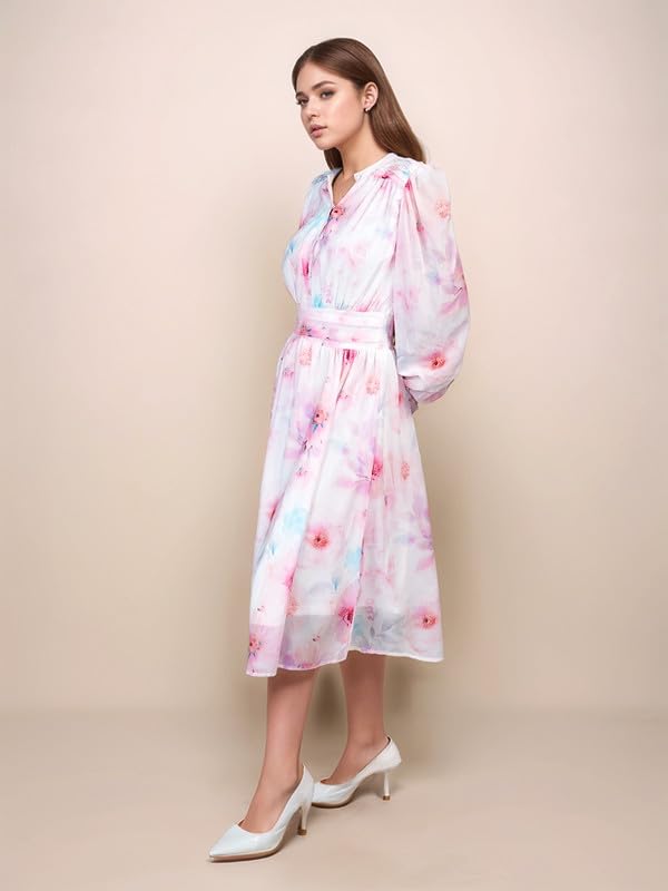 Zink London Women's White Floral Prints Relaxed Fit Midi Dress