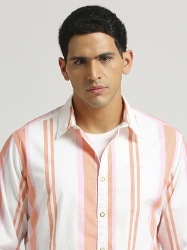 Pepe Jeans Men's Striped Regular Fit Shirt (Peach Orange) - SaumyasStore
