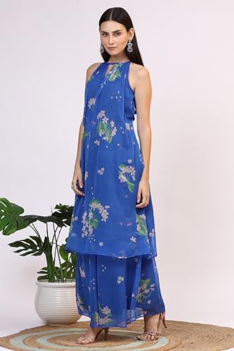 W for Woman Blue Floral Printed Halter Neck Chiffon Kurta with Flared Pants and Dupatta Set (Size: L)-WS12494-125435