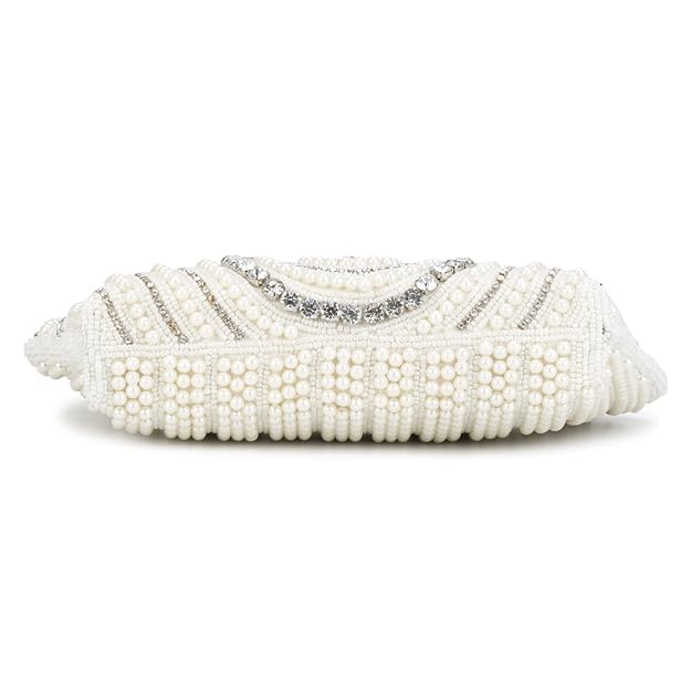 LONGING TO BUY Women's Tote Pearl Clutch Cutest Vintage Style Pearl Tote Wrist Bag Evening Clutch Purse (White Chakri, Zite 10" X 6" Inch)