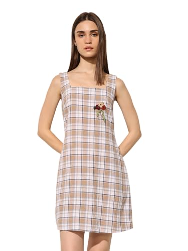 ONLY Women's Checks Fit and Flare Beige Dress