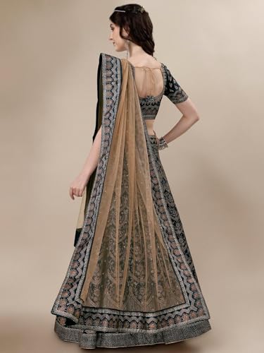 SAPTRANGI Women's Embroidered Ready to Wear Lehenga & Blouse with Dupatta (Navy Blue & Beige, XL)