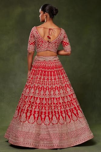 Women's Red Silk Bridal Lehenga with Zari Work