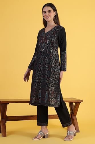 W for Woman Black Yarn Dyed Sequins A-Line Kurta & Straight Pant with Dupatta Set (Size: XS)-24NOWS11842-314128