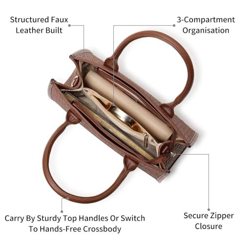 Fastrack Lattice Brown Satchel Bag | Faux Leather Woven Design | Three Compartment Satchel with Center Zipper Pocket & Organizer Pockets | Dual Carry Handles & Adjustable Strap