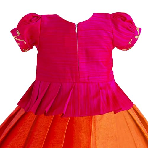 Stanwells Kids Orange & Pink Combo Flared Dress Puff Sleeves Readymade Hand Sequins Embroidery Ethnic Traditional Full Length South Indian Baby Girls Lehenga Choli (6–12 Months)