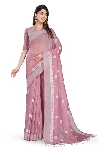 RANI SAAHIBA Women's Poly Cotton Embroidered Saree With Blouse Piece (SKR13767_Pink)