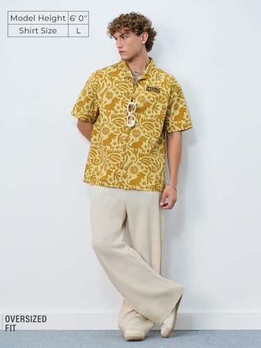 The Souled Store Lion King: Hakuna Vibes Men and Boys Short Sleeves Collared Neck Button Front Yellow All Over Printed Oversized Fit Cotton Holiday Shirts