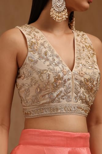 Soch Womens Light Yellow Tissue Embroidered Padded Blouse with Zari