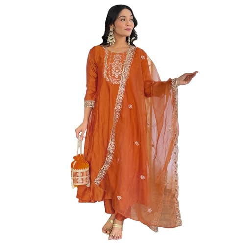 AVYUKTHA | Women Ethnic Motifs Embroidered Kurta with Trors & Dupatta | Traditional Thread Work Kurta Set for Festive & Daily, Orange Color | Size- L