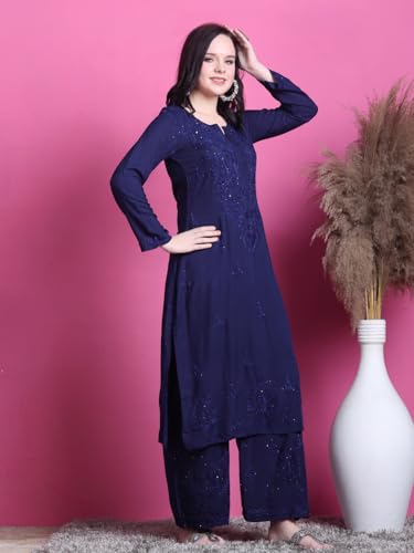 Fashion Chikan Art Women's Lucknowi Rayon Mukaish Chikankari Straight Kurti And Palazzo Set (IN, Alpha, 2XL, Regular, Navy Blue)