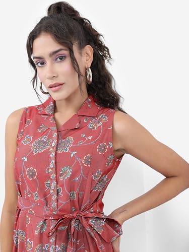 Vishudh Women Sleeveless Collared Neck Dress VNa1002381 Red M
