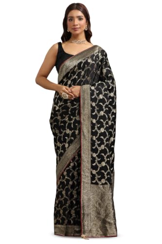 Soch Womens Black Crepe Botanical Zari Woven Saree
