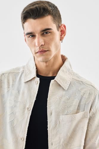 SNITCH Men's Box Fit Overshirt | Textured Floral Pattern with Full Sleeve & Point Collar | 100% Cotton, Breathable & Lightweight Casual Wear | Beige