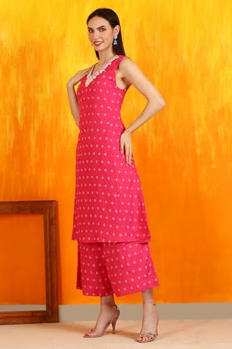 W for Woman Pink Embroidered Shantung Sleeveless Kurta, Cropped Pants and Dupatta Set (Size: M)-WS12730-125179