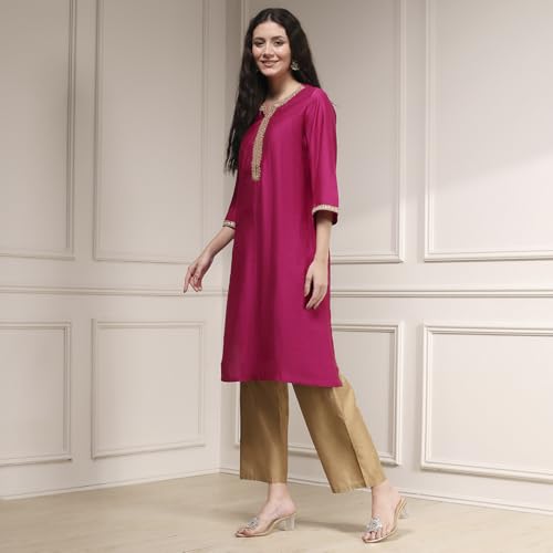 Biba Women Wine Polyester Blend Straight Solid Kurta_34