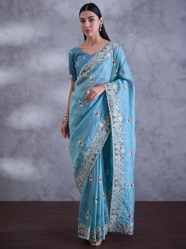 SAREE MALL Women's Light Blue Paper Silk Embroidered Saree With Unstitched Blouse (DHNIYA2032C_DC)