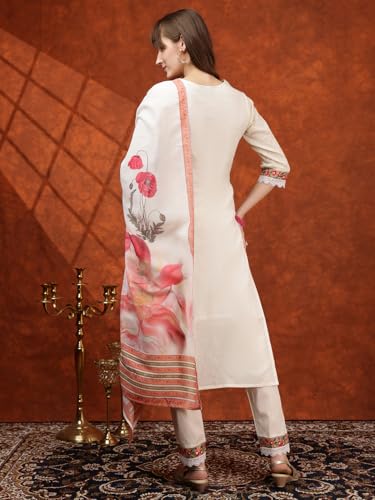 NIVANA Hand Embroidered & Chikankari Kurta with Pant & Floral Printed Dupatta | L | Cream | V-Neck | 3/4 Sleeves | Straight Fit