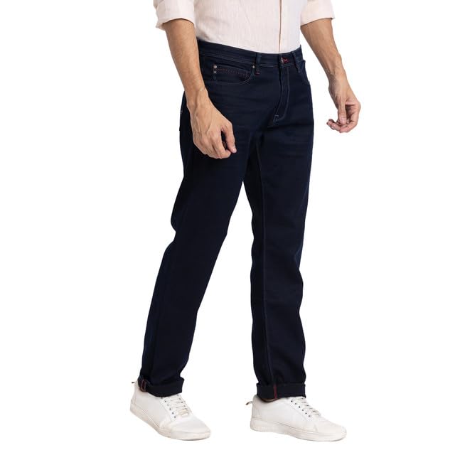 Raymond Men's Slim Fit Cotton Blend Solid Pattern Flat Front Jeans Blue