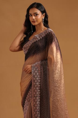 Soch Womens Brown Fendy Organza Ombre Stone Embellished Saree