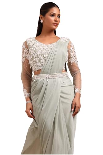 Soch Womens Sap Green Nylon Blend Solid Ready To Wear Saree With Beads