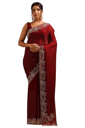 Soch Womens Maroon Fendy Organza Embellished Saree With Stone Work