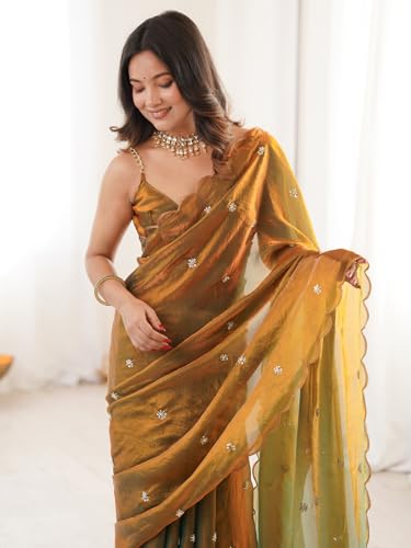 AKHILAM Women's Shimmer Gold Soft Fandy Silk Saree With Hand Work Embroidered Saree With Unstitched Blouse peice