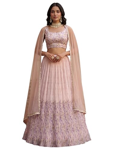 Zeel Clothing Digital Print Mirror Hand Work Georgette Lehenga Choli with Dupatta (5100-Beige-Women-Stylish-Lehenga-Choli; Free Size)