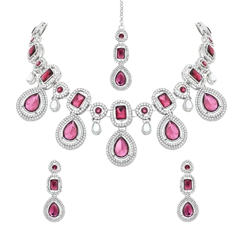 I Jewels Silver Traditional Kundan & Stone Choker Necklace Jewellery With Earrings & Maang Tikka Set for Women/Girls (Silver wine)