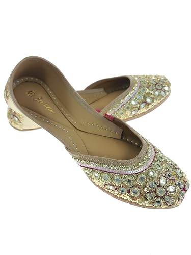 Fulkari Women Miraj Mirror Gold Formal Genuine Soft Leather Jutis | Bite and Pinch Free Juttis | Punjabi Jutti | Girl's Wedding Flat Ladies Mojari Ethnic Juti | 39