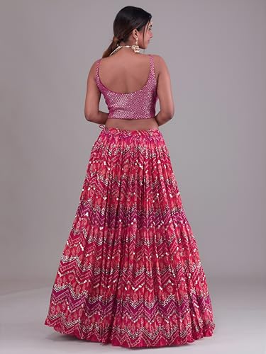 Zeel Clothing Women's Digital Print with Thread, Sequins Embroidered Work Georgette Lehenga Choli With Dupatta (5092-Pink-Women-Lehenga-Choli-Latest; Free size) (Pink)