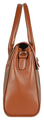 eske Noah Flap Handbag for Women Genuine Leather Satchel with Twist Lock Closure Dual Handles Detachable Sling Strap 1 Compartment Zipper and Slip Pockets Office Purse (Taupe Cognac)