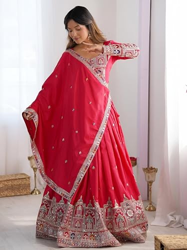 Zeel Clothing Women's Sequins Thread Embroidered French Crepe Lehenga Choli With Dupatta (5118-Pink-Women-Lehenga-Choli-Latest; Free size) (Pink)