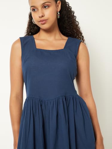 Max Women Solid Fit & Flared Dress (Blue_S)