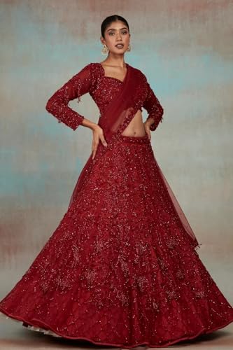 Women's Red Net Reception Lehenga with Sweetheart Neck