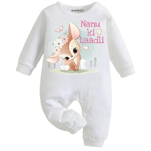 KNITROOT Nanu Theme, Nanu Ki laadli Text Printed, Full Sleeves, Shoulder-Snap-Buttons, Cotton Jumpsuit, Rompers for New Born Baby, 12-18 Months, White, Infant Clothes
