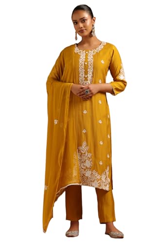 Soch Womens Mustard Desert Storm Floral Salwar Suit With Machine Embroidery and Thread Work