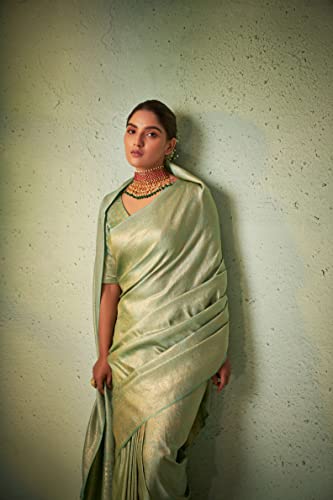 Vardha Women's Kanchipuram Art Silk Saree with Unstitched Blouse Piece - Gold Zari Woven Work Sarees for Wedding (Asya Vol.4_562)