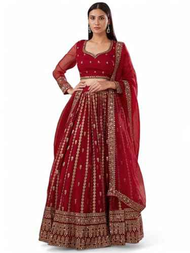 Zeel Clothing Women's Zari With Sequins Embroidered Work Organza Designer Lehenga Choli with Dupatta (7069-Red-Womens-Lehenga-Choli-Latest; Free Size) (Red)