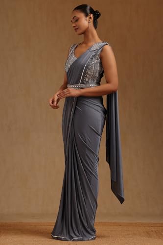 Soch Womens Grey Spandex Solid Ready To Wear Saree