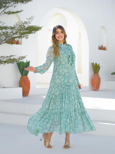 Divena Green Georgette Full Sleeves Maxi Dress
