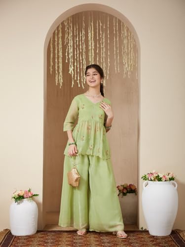 CURLY TALES ALPHA Girl's Light Green Polyester Floral Pattern Short Kurti with Plazzo |Etnic Wear