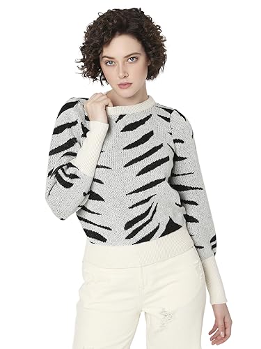 VERO MODA Women Printed Polyester Blend Regular Fit Off-White Sweater