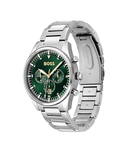 BOSS Hugo Stainless Steel Pioneer Analog Green Dial Men Watch-1513868, Silver Band