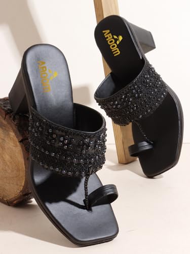 AROOM, Women's One Toe Block Heels Sandals Comfortable & Stylish Sandals for Women & Girls (Black, UK Footwear Size System, Adult, Women, Numeric, Medium, 3)