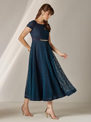 Miss Chase Womens Sweetheart-Neck Short Sleeve Self-Designed Lace Overlaid Midi Dress (MCSS25D16-77-83-03, Teal, S)